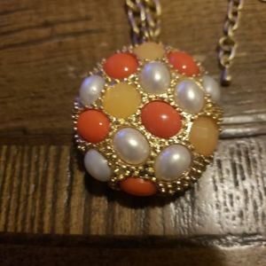 Lia Sophia Oval Pendant 34"Necklace Orange Peach Faux Pearl Gold Tone Necklace